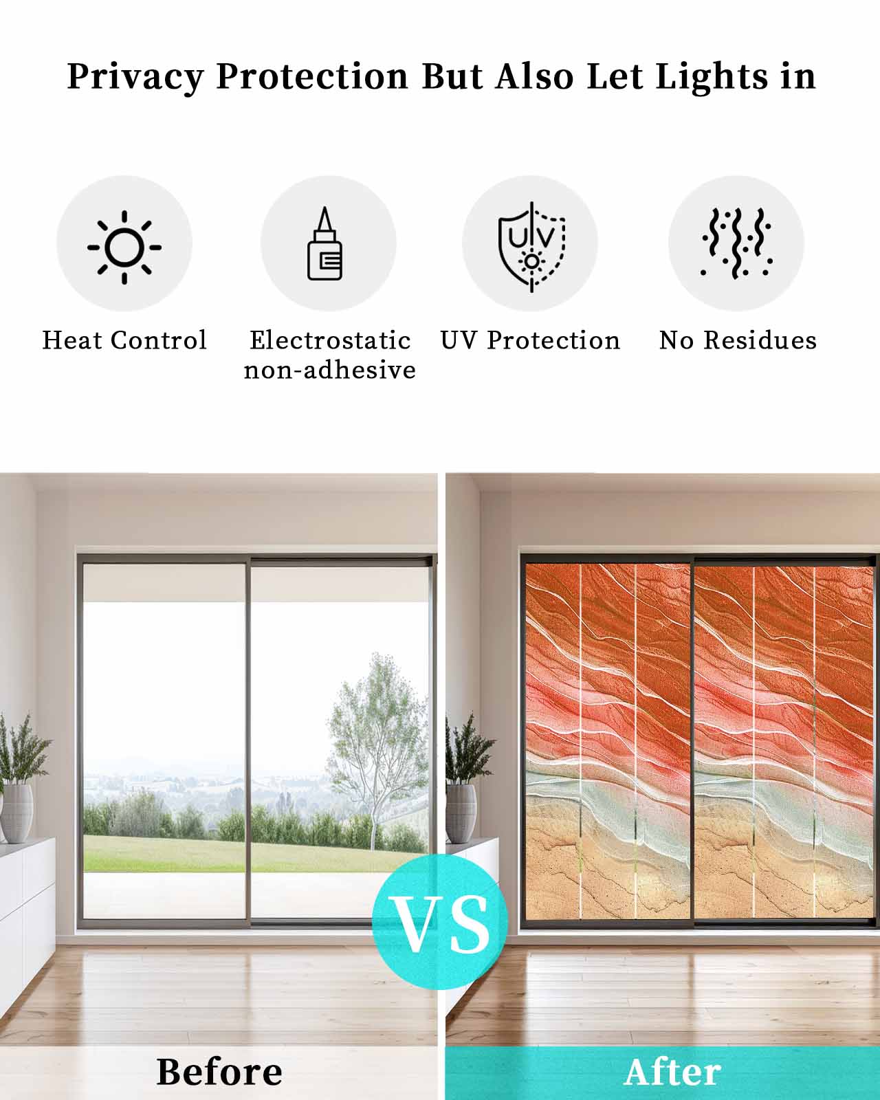 Window Privacy Film,Orange Ocean Ombre UV Sun Blocking Window Tint Film Heat Control One Way Blackout Window Film,Spring Summer Coastal Sea Wave Non Adhesive Static Cling Window Sticker 35.4x78.7 In