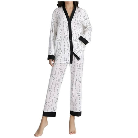 

REORIAFEE Women Two Piece Outfits Print Tops Long Pants Pajamas Suit White XL