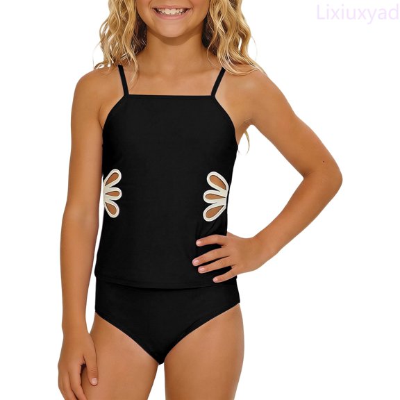 Lixiuxyad Girls Swimwear Two Piece Tankini Swimsuit With Skirt Ruffle Sun UPF 50,Swimsuits Sets Sizes 5-6 Years Black
