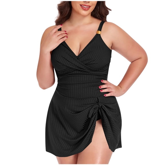 Fewfanhot Women's Plus Size V-Neck Padded Bra One Piece Swimsuit, Gold Accent Side Slit & Knot Waist Detail, Tummy Control Solid Colors Swim Dress