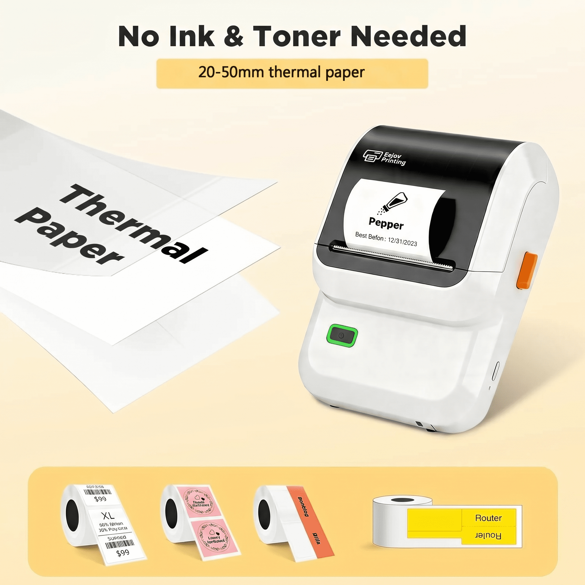 Portable label printer, mini thermal label making machine, wireless ink free sticker printer, suitable for home, office, storage and organization, 1 printer+2 rolls of label paper