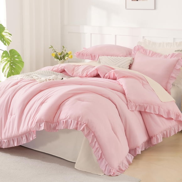 Andency Pink Comforter Set Full, 3 Pieces Lightweight Soft Rustic Pink Ruffle Comforter Women Girls, Solid Farmhouse Shabby Chic