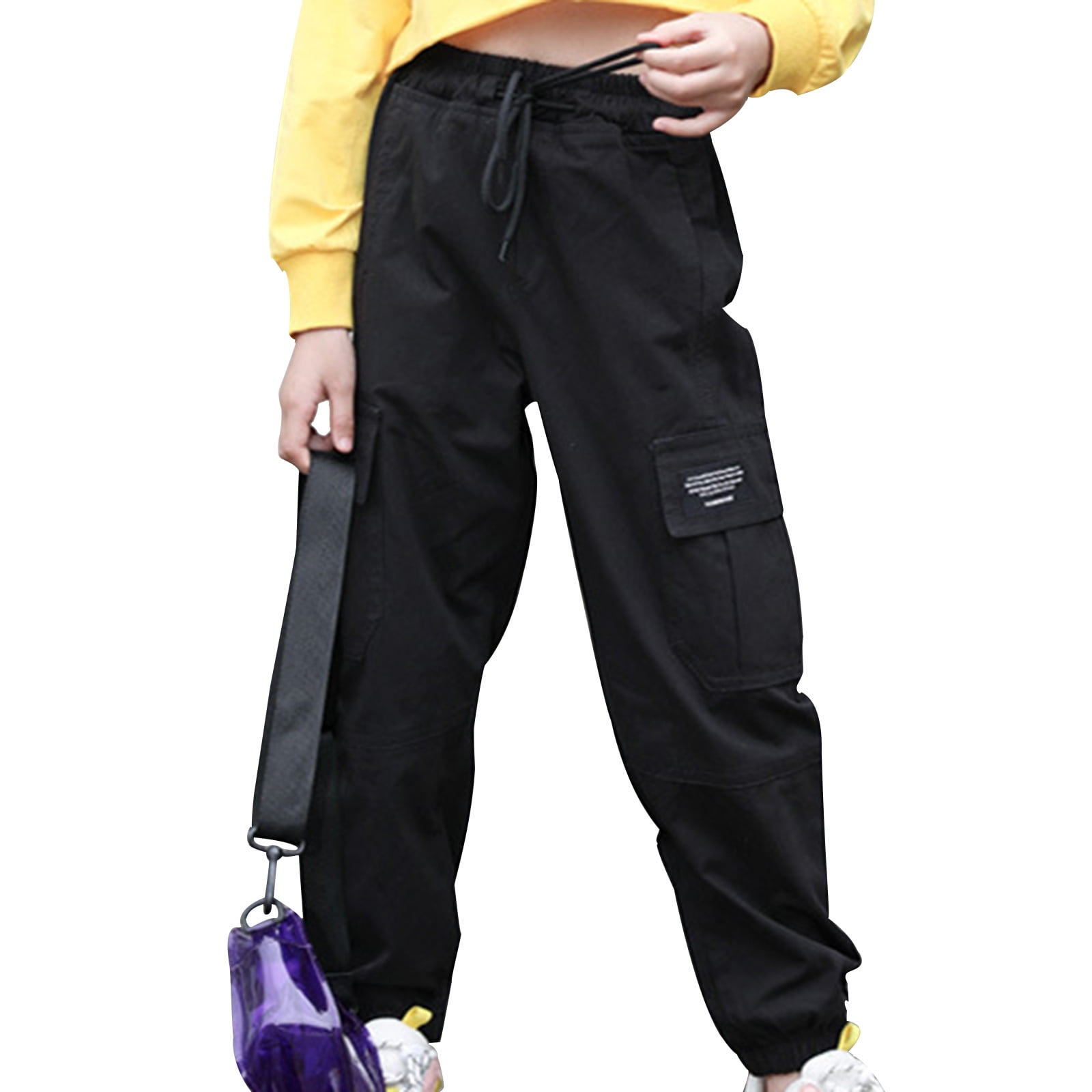 YONGHS Kids Girls Cargo Casual Color Long Solid Sweatpants Black 8 Trousers Pants