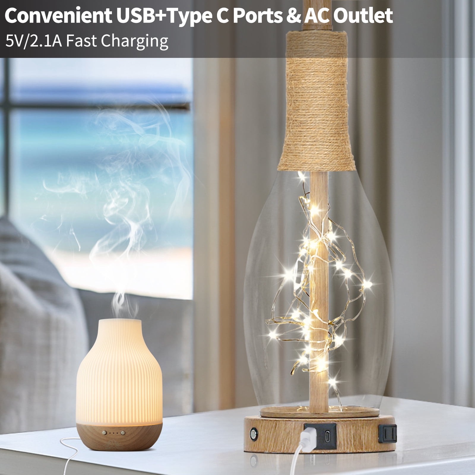 Cinkeda Table Lamps Set of 2 for Living Room Bedroom 27" Tall Boho Modern 3 Way Dimmable Touch Bedside Nightstand Lamp with USB C+A Ports AC Outlet Nightlight Rattan Rope Glass