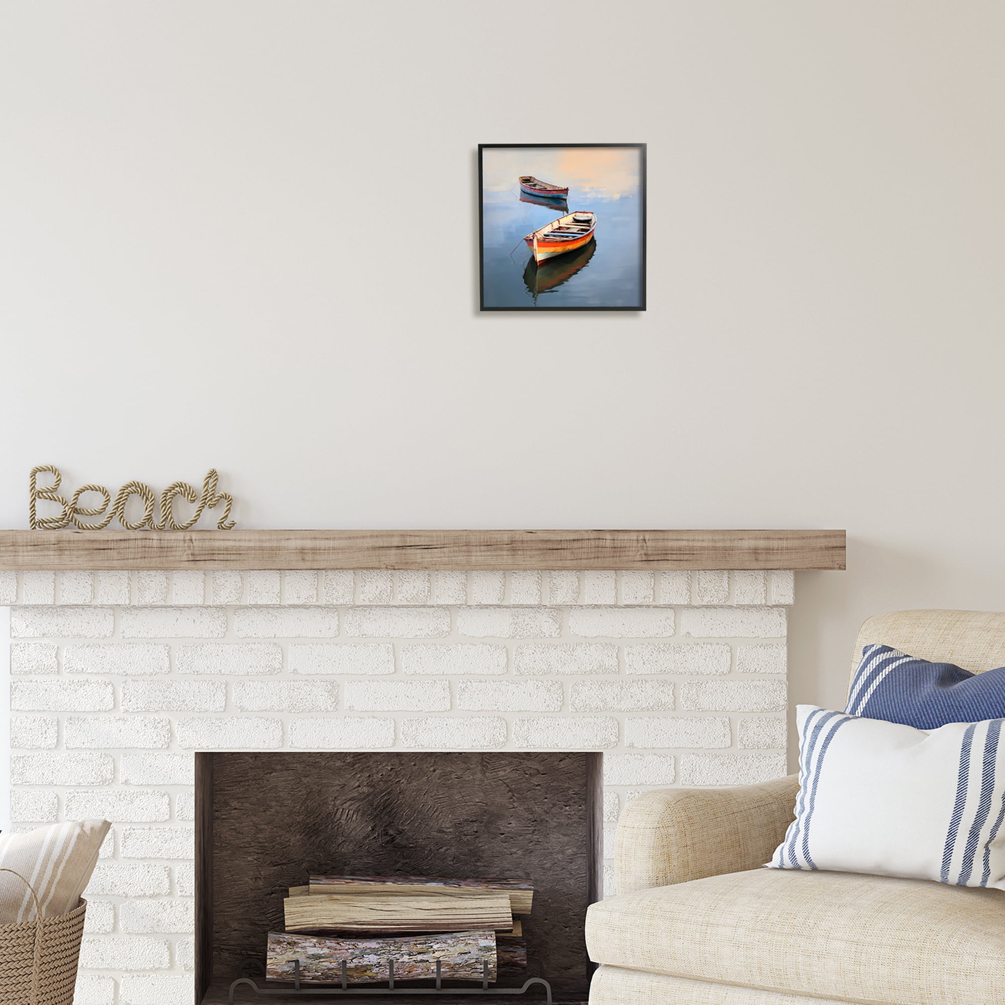 Stupell Industries Striped Boats in Lake Transportation Painting Black Framed Art Print Wall Art, 12 x 12