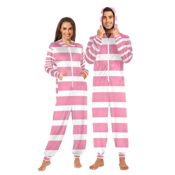 Pink Grids Adult Onesie Pajamas Slim Fit Christmas One Piece Suit Pjs for Women and Men Hooded Zipper