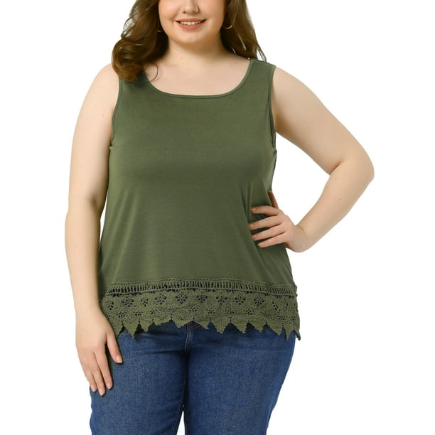 GRACE & GRANDEUR Túnicas de Talla Grande para Mujeres, Blusas de Cuello Redondo, con Encaje y Corte Flowy, 1X Verde Ejército