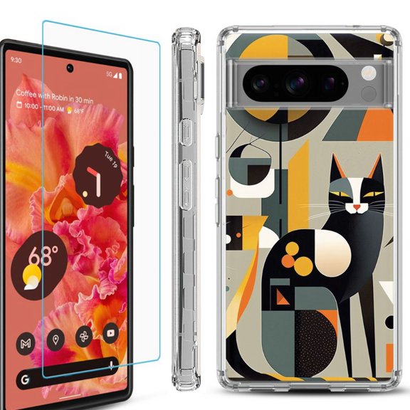 OneToughShield ® Compatible with Google Pixel 8 Pro, Shockproof Phone Case, with Tempered Glass Screen Protector - Chill Cat