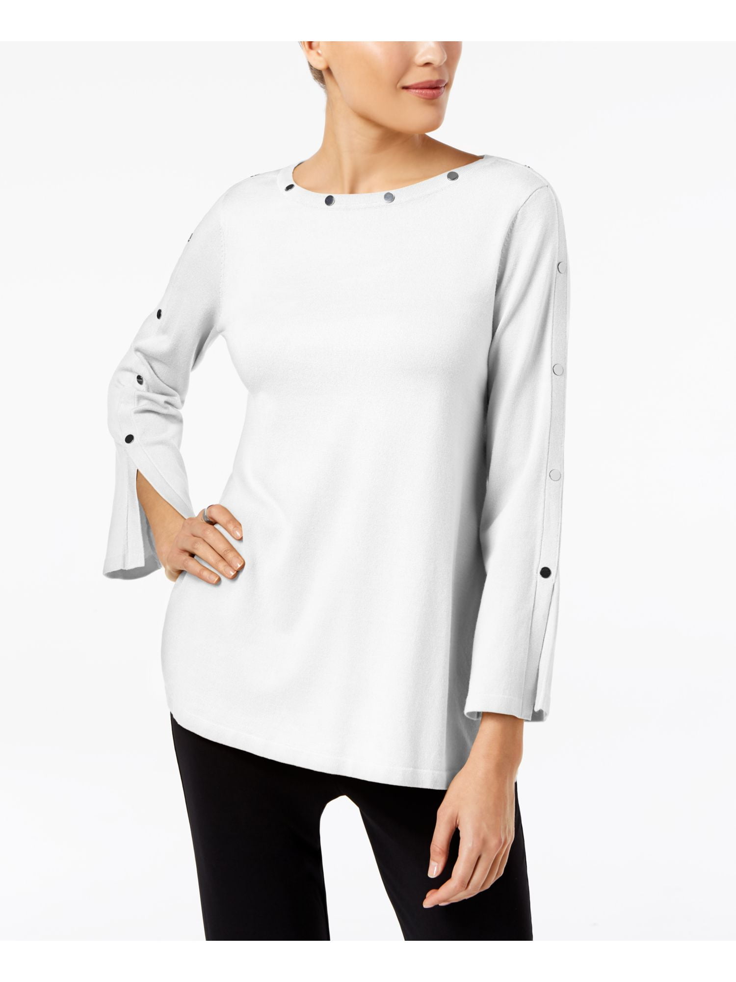 Alfani - ALFANI Womens White Embellished Pullover Long Sleeve Jewel ...