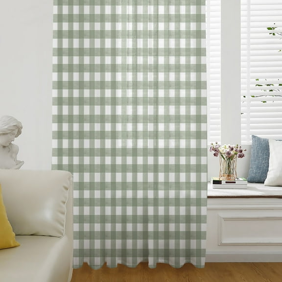 Sage Green Buffalo Plaid Semi Sheer Curtains Drapes for Living Room,Bedroom,French Doors Window 96 Inches Long,Farmhouse Green White Checkered Rod Pocket Chiffon Curtain Drapery Voile Drape Panel