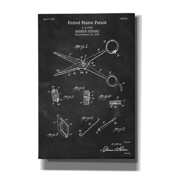 Epic Graffiti "Barber Shears Blueprint Patent Chalkboard" Giclee Canvas Wall Art, 12"x18"