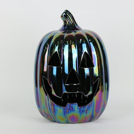 Halloween Black Ceramic Light-Up Tall Jack-o’-Lantern Decoration  7.3 in L x 7 in W x 10 in H  by Way To Celebrate
