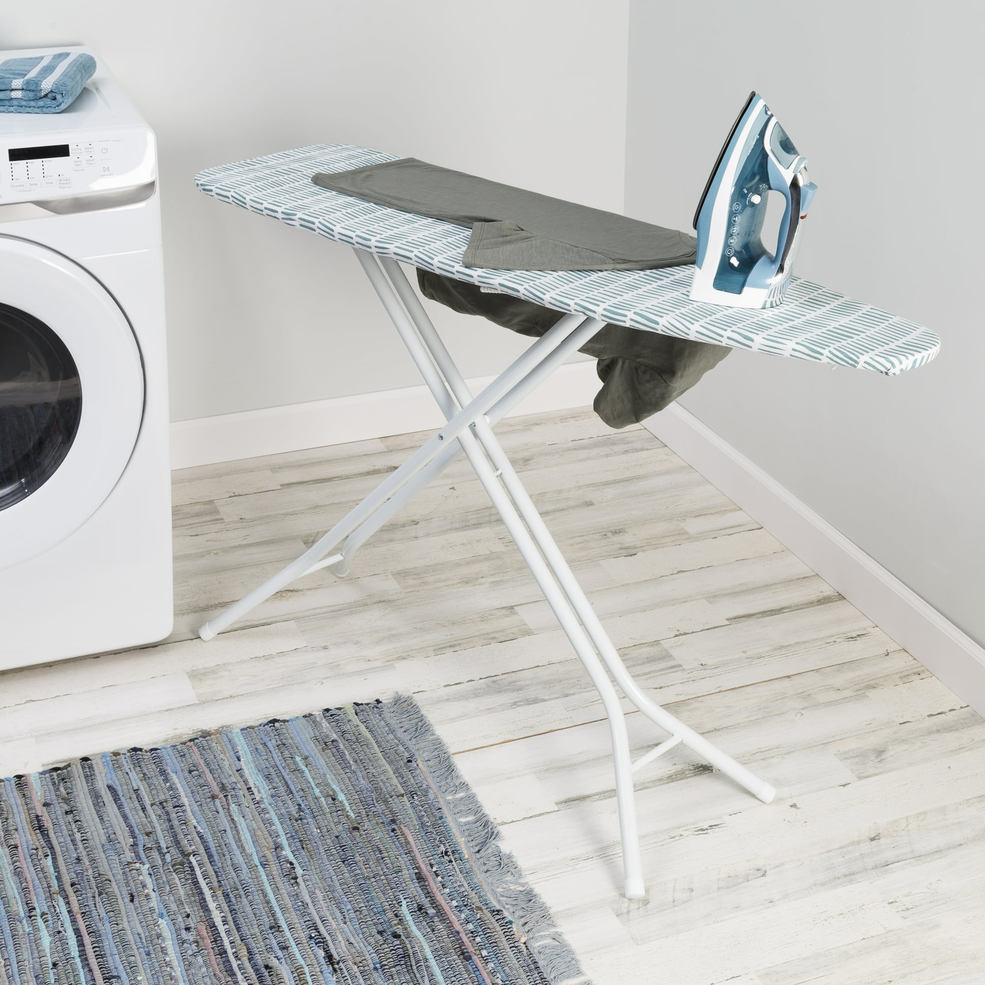 Mainstays Full‑Size 4‑Leg Ironing Board – 53" x 14", Adjustable Height, Steel Frame, Thick Padded Cotton Cover, Non‑Slip Feet, Lattice Grey
