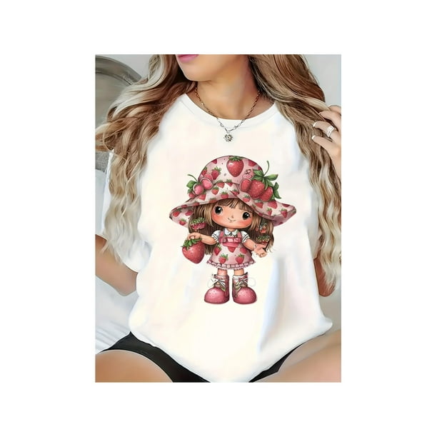 Round Neck Short Sleeve T - shirt for US Women, Breathable, Strawberry - themed Graphic Pattern, Casual , Sweet Vibe, Plus Sizes