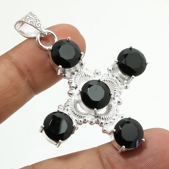 Black Spinel Round Gemstone Pendant Handmade Wedding Gift Jewelry 2.30" MP 1060