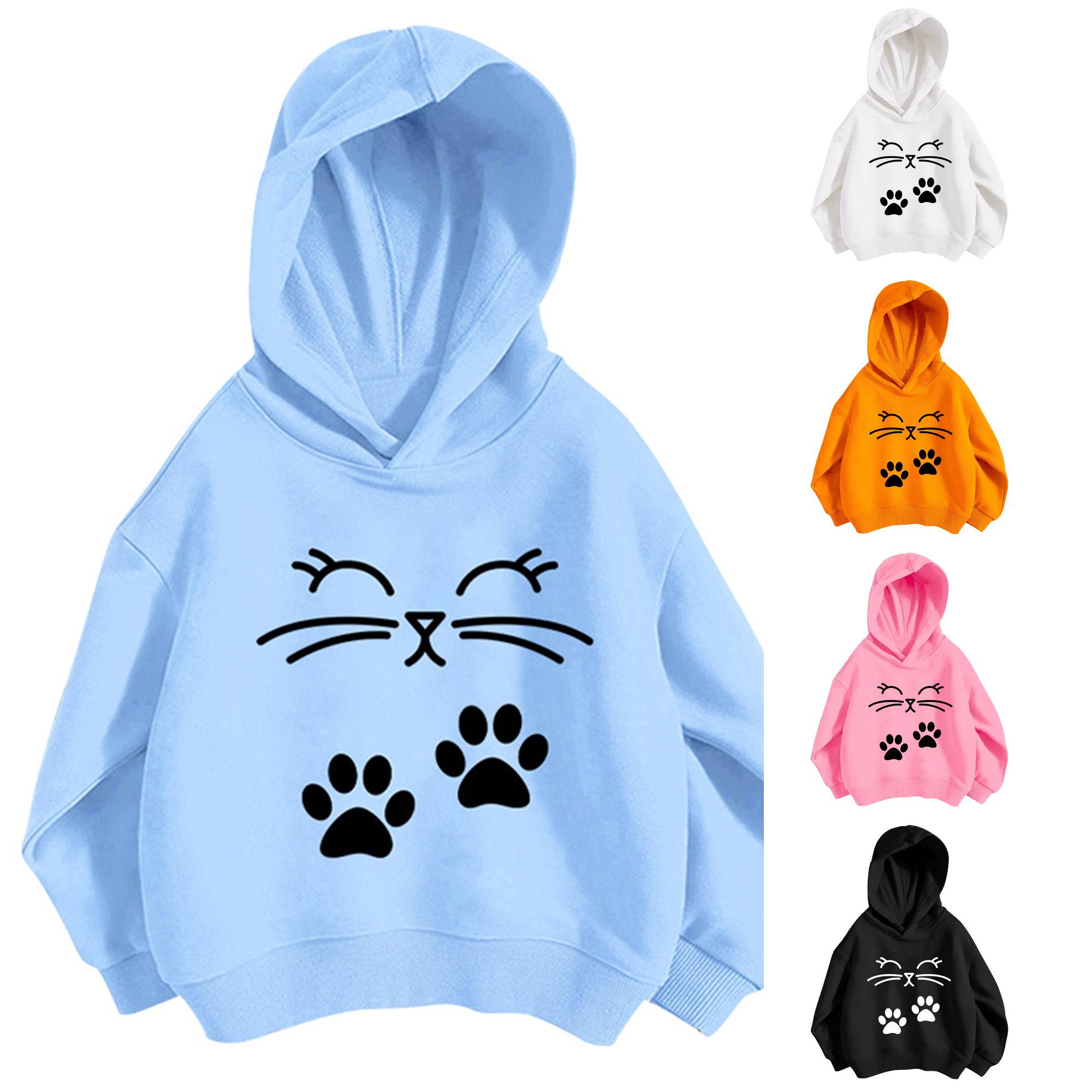 Byoo Toddler Girl s Cute Hoodie Long Sleeve Simple Cat Face Graphic Pullover School Casual Hooded Sweatshirt Blue