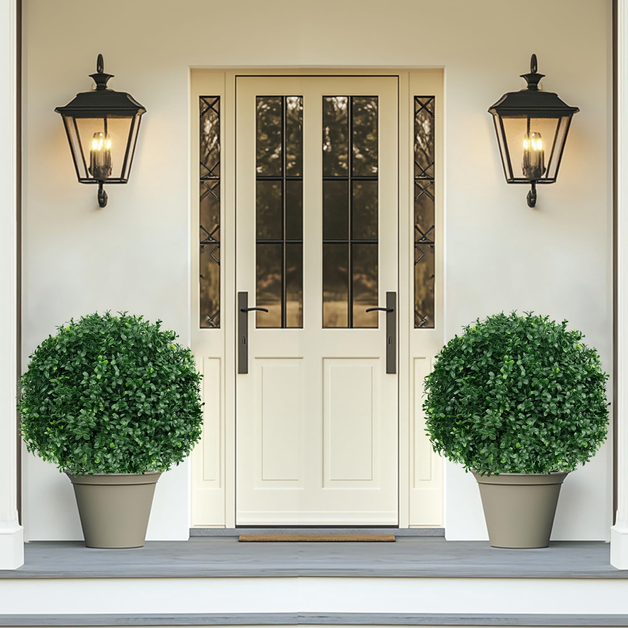 2 16in Artificial Boxwood Sphere Bushes - UV Resistant, with Stakes, Porch/Planter/Indoor Decor