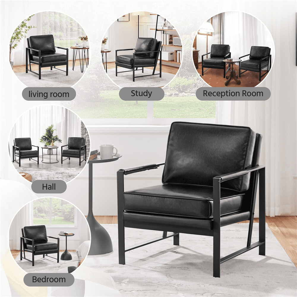 Alden Design Retro PU Leather Modern Accent Chair with Metal Arms for Livingroom, Black