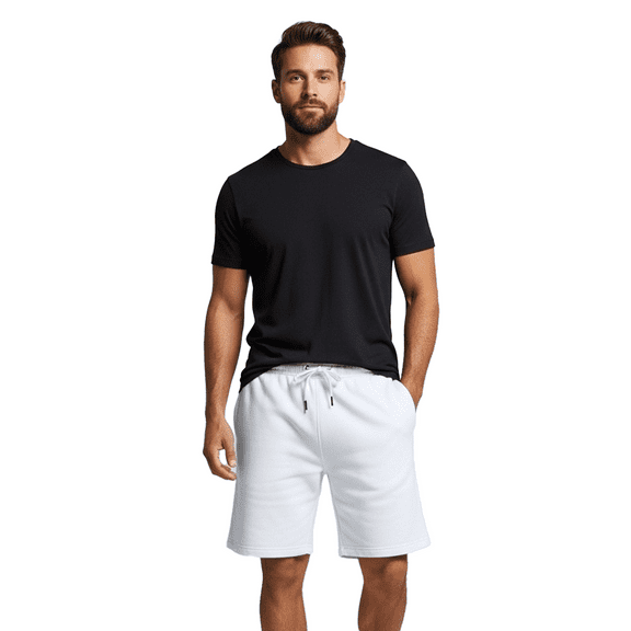 Men's Midweight Fleece Shorts, 8.5 oz, Cotton/Poly Blend, Relaxed Fit with Drawstring Waist, White, XS