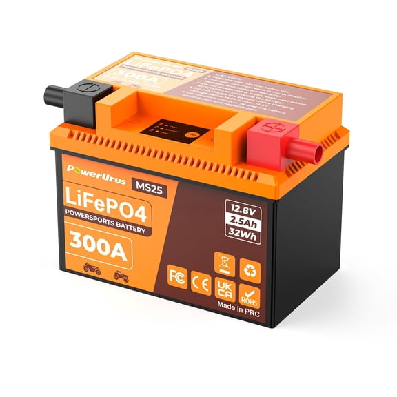 Lithium Motorcycle Battery, PowerUrus 300A Lithium LiFePO4 Motorcycle Battery, 12V 2.5Ah Powersports battery, ATV, UTV, Jet Ski, Quad, Lawn Mower, Tractor, Scooter Batteries