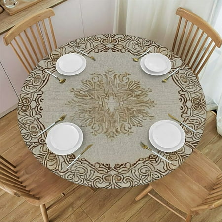 

Decorative Round Table Cover Elastic Tablecloth Beige Polyester Fitted Table Cover Elastic Edged Old Fashion Floral Victorian Feminine Boho Print Fabric Table Cover Fits Round Table
