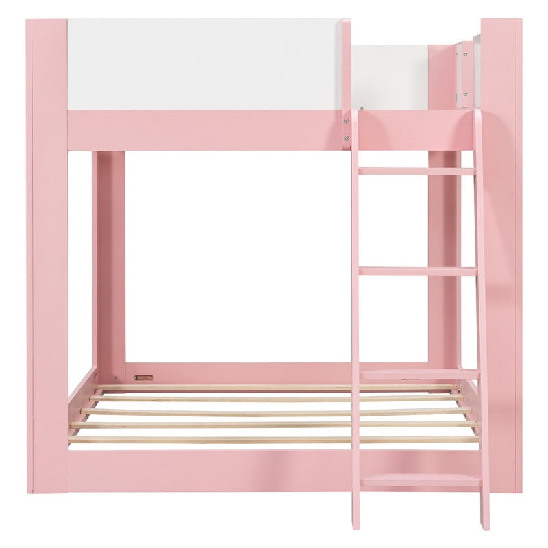 Full-Over-Full Low-Profile Bunk Bed with Guardrails, Wooden Kids Bed with Reversible Ladder, Accent Two-Tone Bed Frame