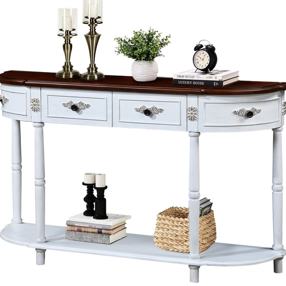 52" Console Table With 2 Drawers And Open Shelf, Retro Half Moon Table, Solid Wood For Dining Room, Bedroom, Antique White Brown 52 Inch Living