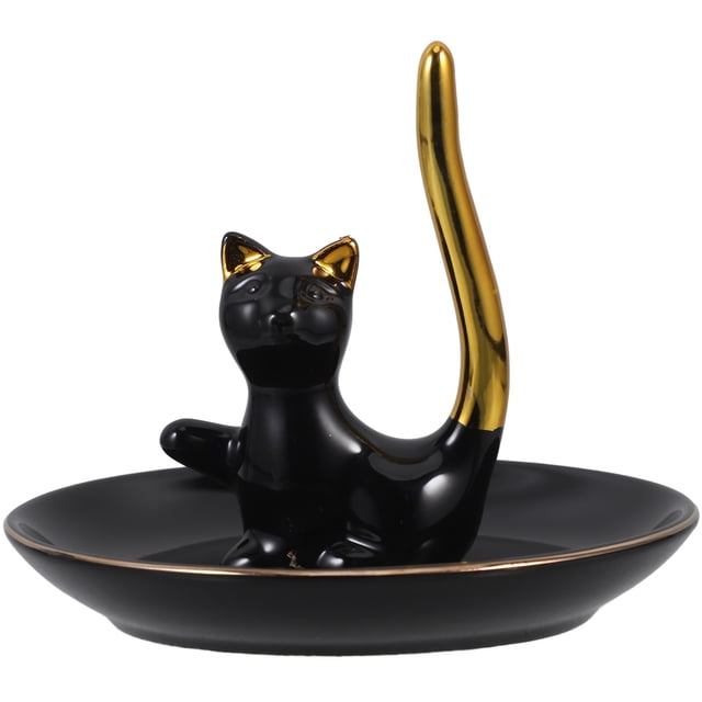 GOOHOCHY Bandeja de cerámica para guardar joyas, organizador de llaves y baratijas con una linda estatua de gato.