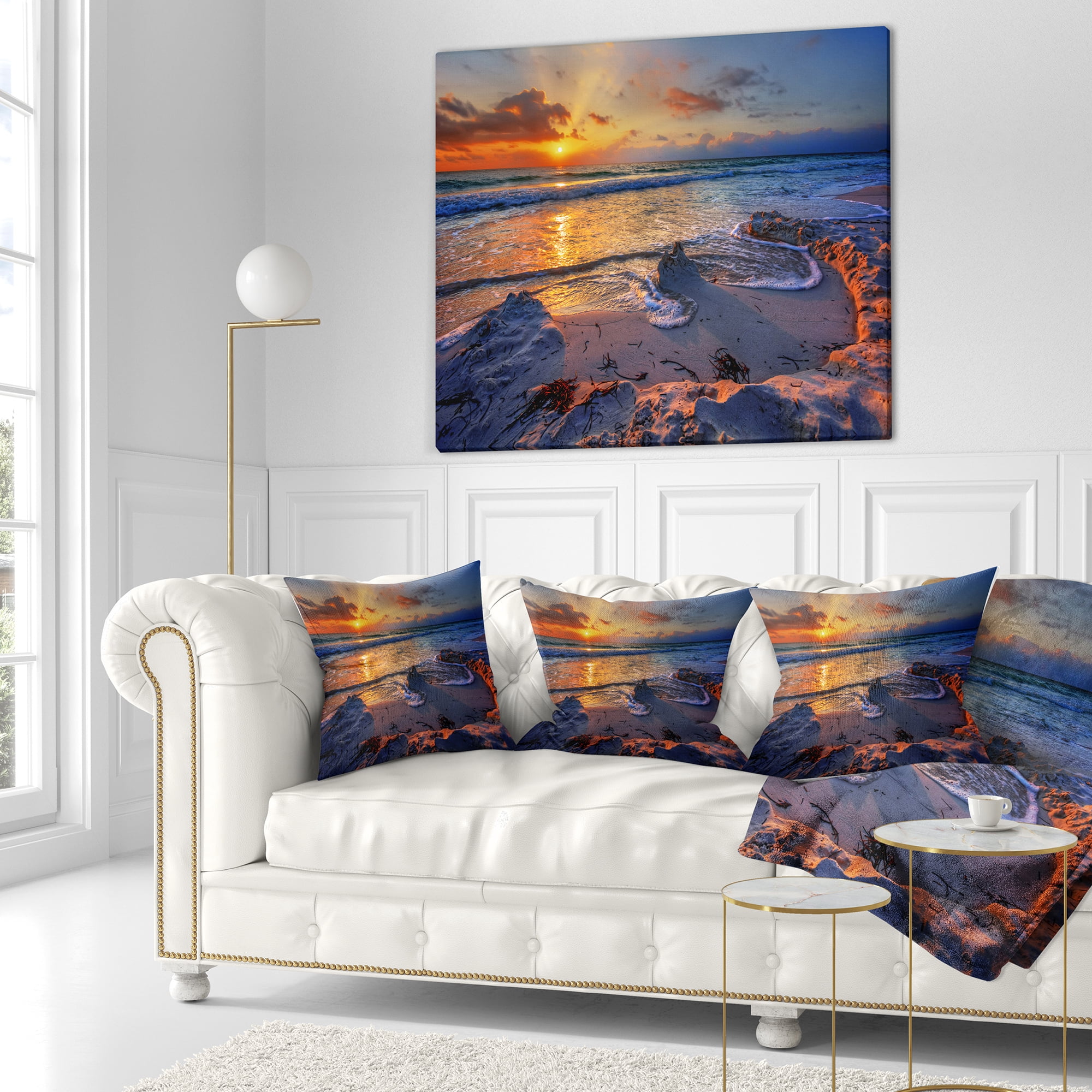 Designart Beautiful Seashore with Yellow Sun - Seashore Throw Pillow - 16x16