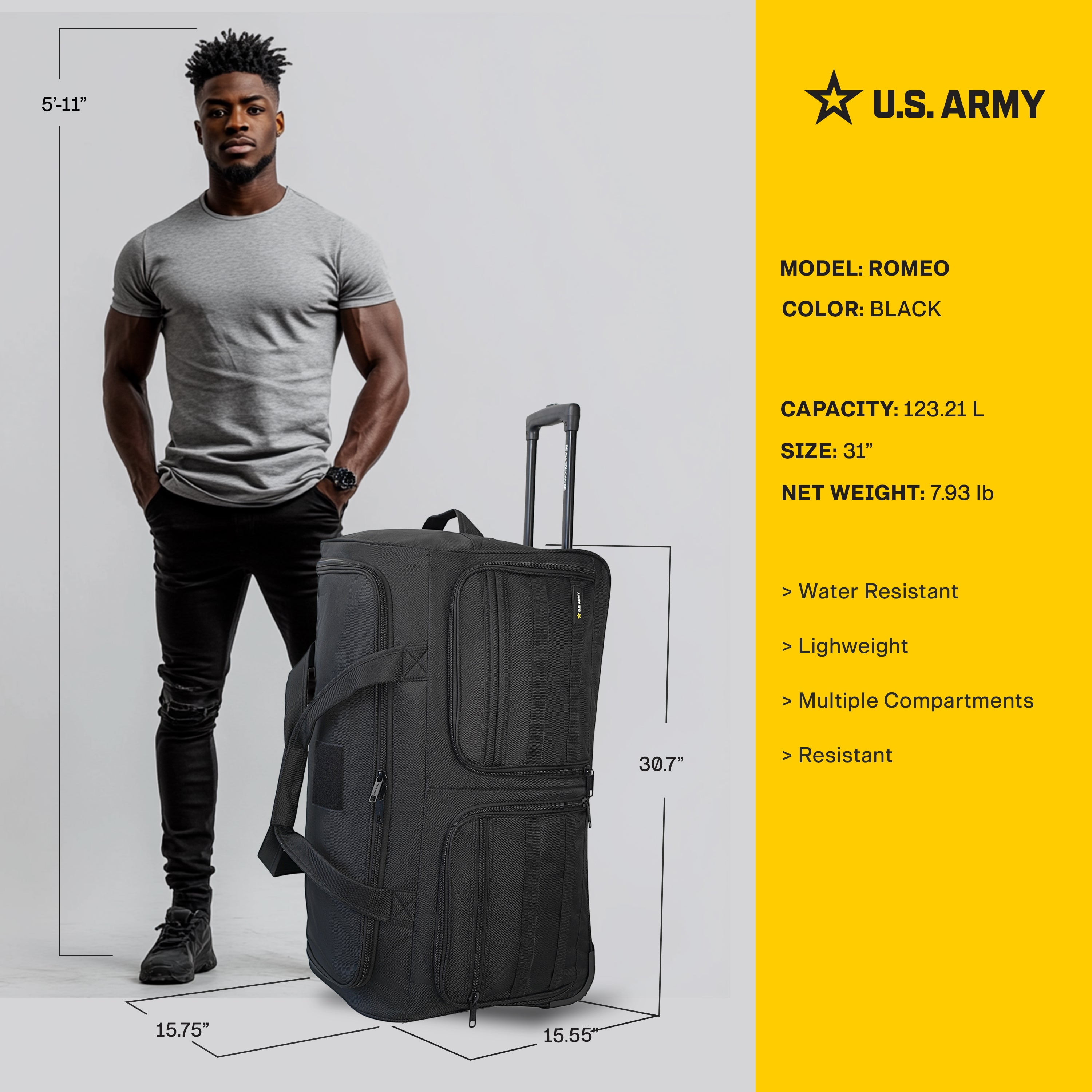 US ARMY ROMEO 31-inch Tactical Rolling Duffel Black