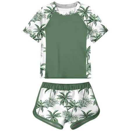 Xudanell Girls Rash Guard Swimsuit 2-Piece Bathing Suit UPF 50+ Summer Beach Swimwear Size 7-16T (Green 18-24 Months)