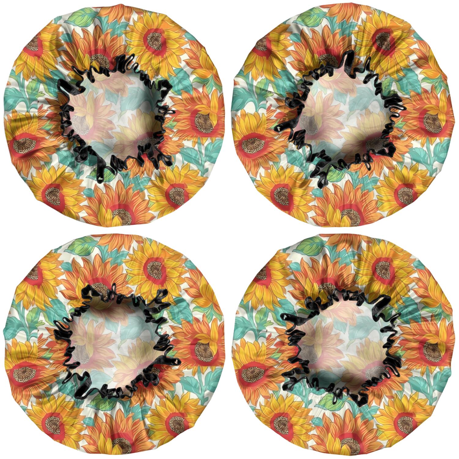 Shower Caps,White Orange Sunflower Pattern Waterproof Shower Cap for Women 4 Pieces,Double Reusable Hair Cover for Shower PEVA Elastic Stretch Hem