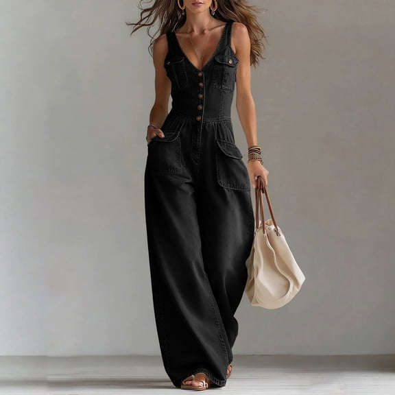 Karymi Running Shorts for Women Sleeveless V Neck Denim Jumpsuit, Elastic Gathered Waist Button Front Wide Leg Overalls, Cargo Pocket One Piece Outfit Womens Shorts