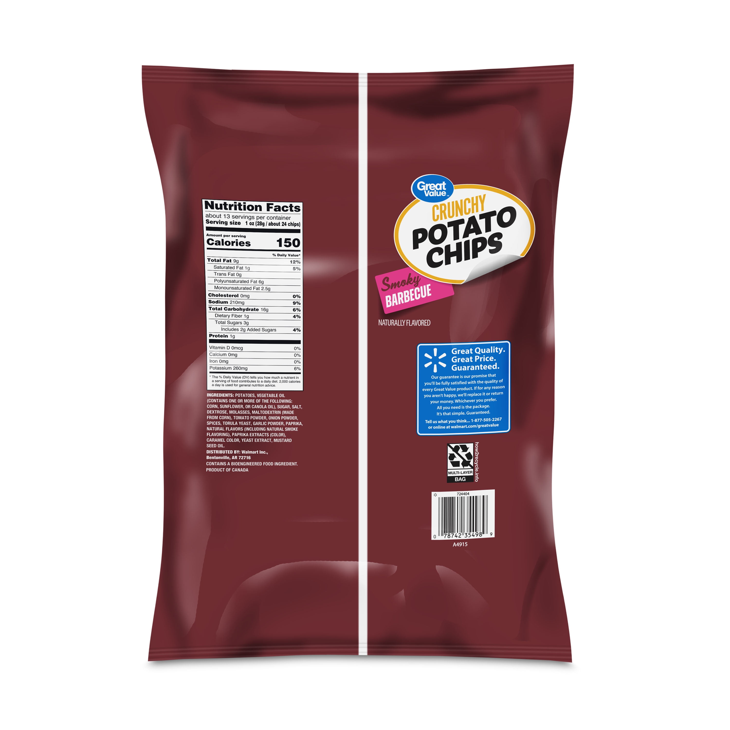 Great Value Party Size Barbecue Potato Chips, 12.5 oz