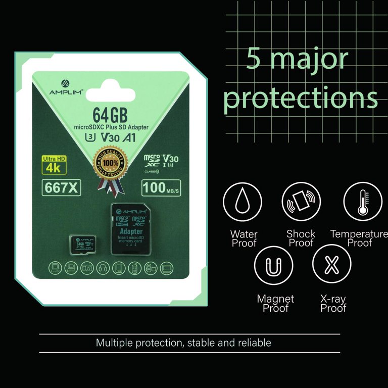 Amplim 64GB MicroSD Card, High Speed Memory, U3 Class 10 V30