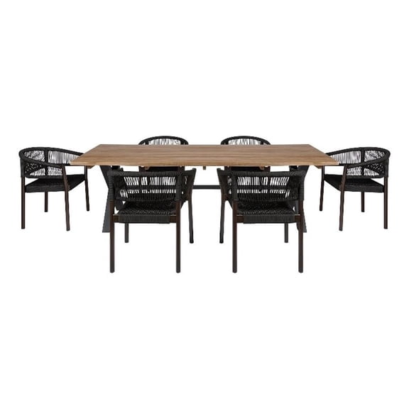 Glendora Doris Outdoor 7 Piece Live Edge Dining Set in Eucalyptus and Black Rope