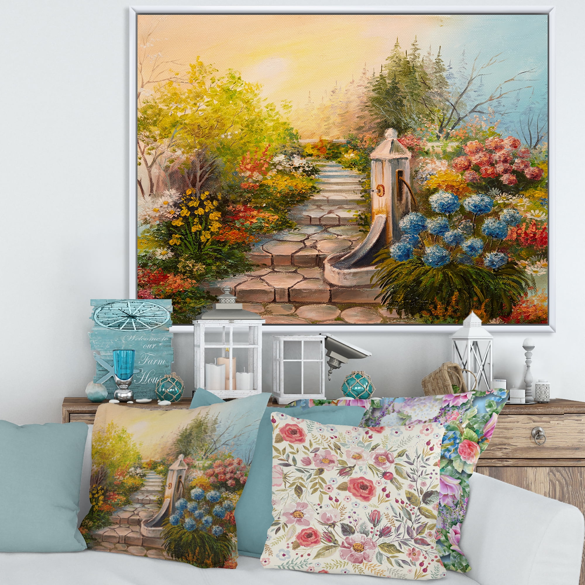 Designart 'Stone Stairs In The Blossoming Flowers Forest' Traditional Framed Canvas Wall Art Print