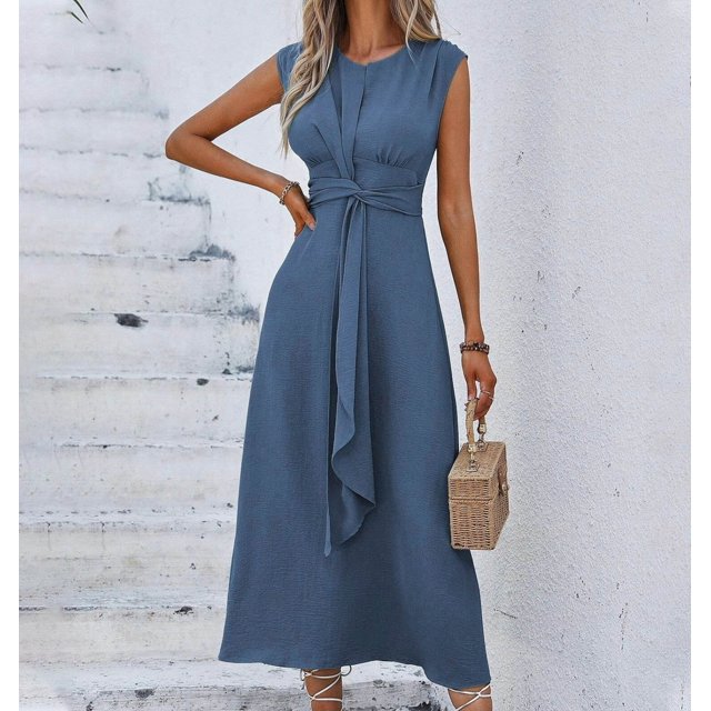 LOVZFMLL Dresses Women's Fashion Solid Color Short Sleeve Round Neck Waist In Dresses