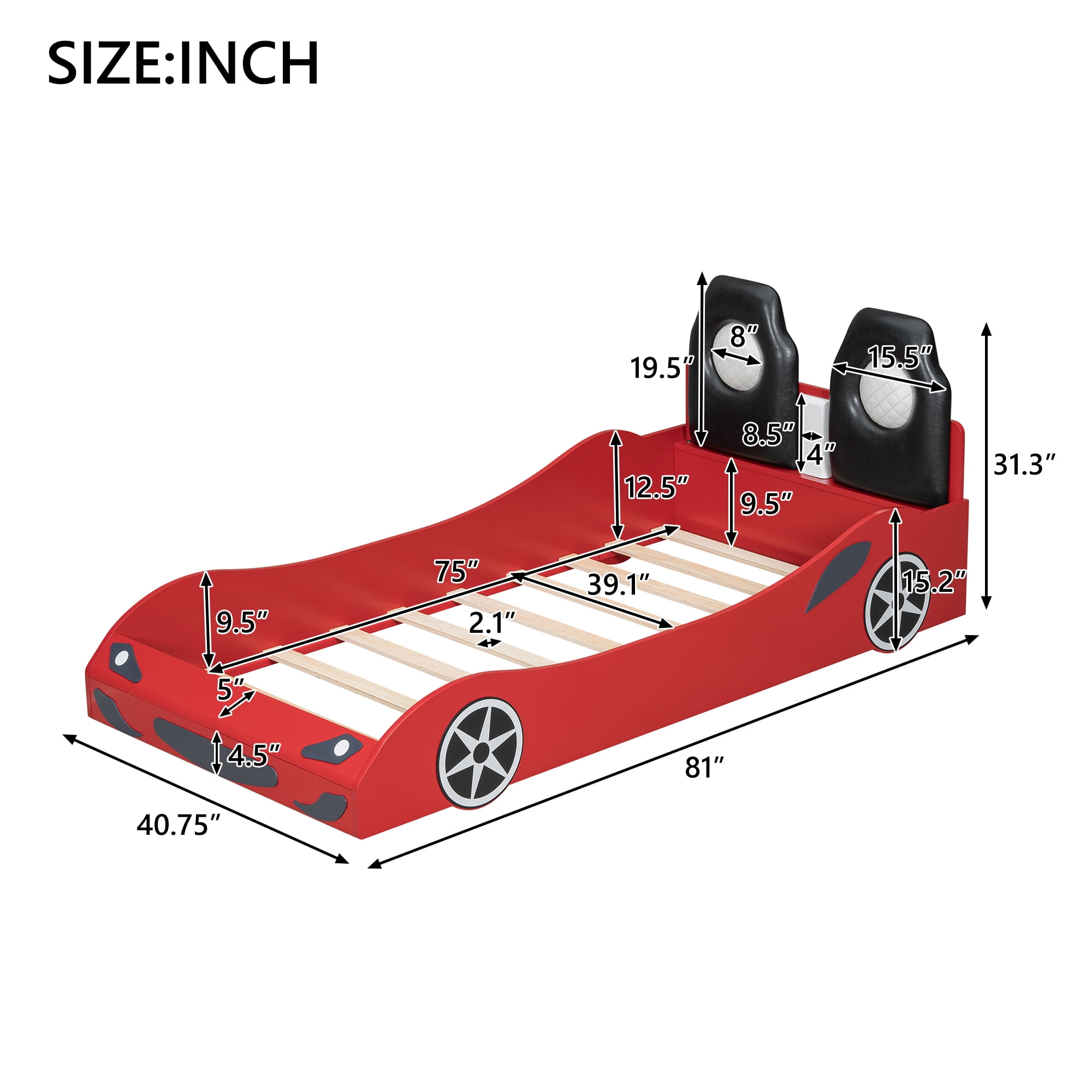 Wood Twin Size Race Car-Shaped Platform Bed with LED and Upholstered Backrest, Red