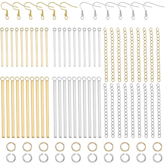 1 box 160pcs 2 colors Earring DIY Making Kit Stainless Steel Bar Pendants 47~53mm End Chains with 100pcs Open Jump Rings 60pcs Earring Hooks for Jewelry Making