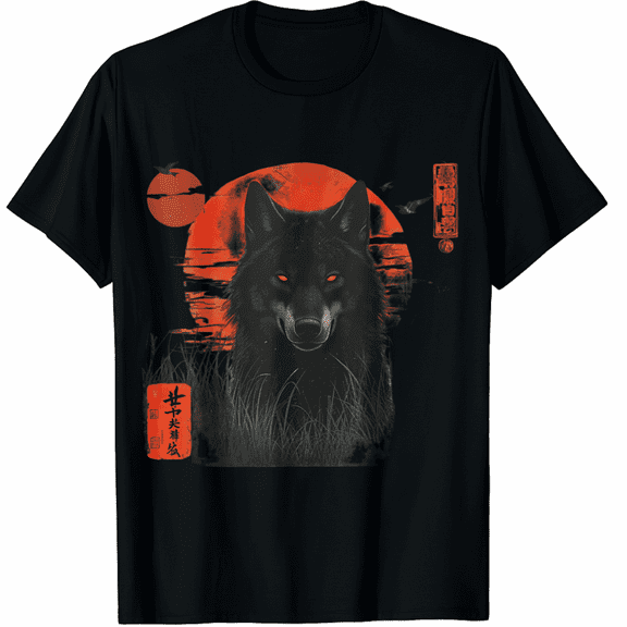 Wolf and Red Sun Japanese Style Dark Forest Art T-Shirt for Men Women