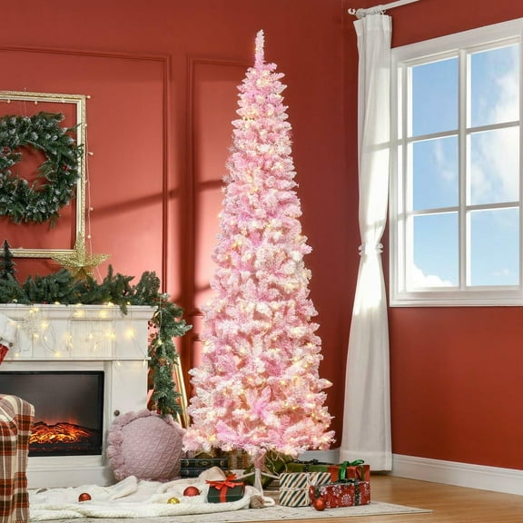 Resenkos 7.5ft Prelit Slim Artificial Pencil Snow-Flocked Christmas Tree with Realistic Pine Branches, Warm White LED Lights, Auto Open, Pink and White