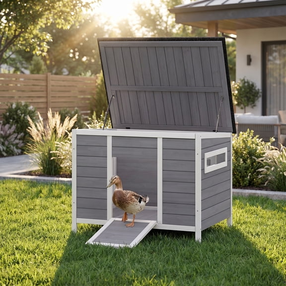 PawHut Duck Coop, Wooden Duck House Rabbit Hutch with Openable Roof, Removable Base, Elevated Legs, Ramp, Ventilated Windows
