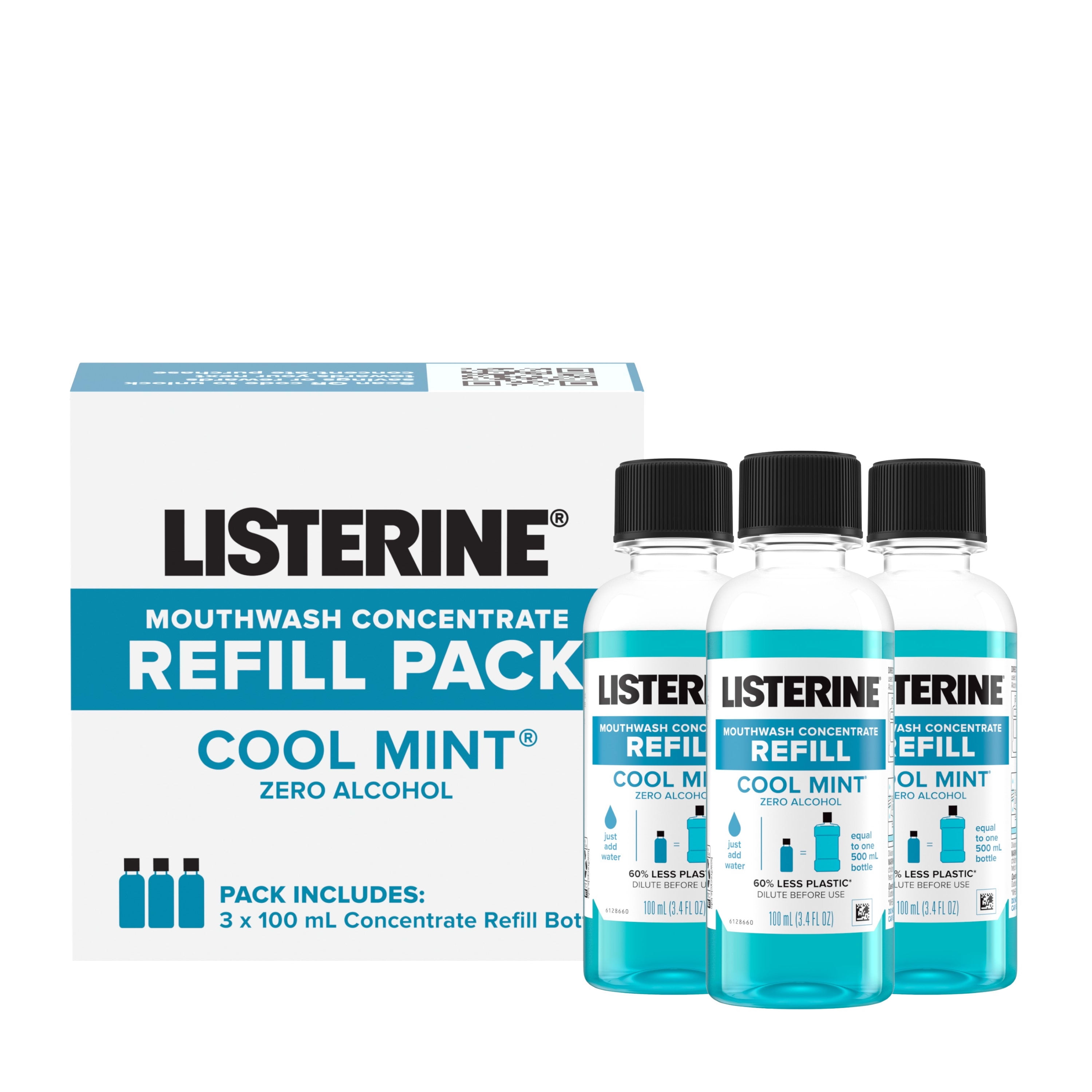 Listerine Zero Alcohol Mouthwash Concentrate Refill Pack, 3 x 100 mL