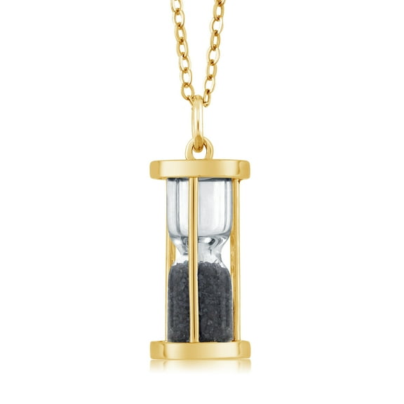 Gem Stone King 18K Yellow Gold Plated Silver Hourglass Pendant with 0.50 Ct Black Diamond Dust and 18" Chain