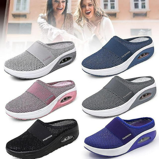 Zapatos para caminar sin cordones con cojín de aire, deslizador de cuña con plataforma plana de malla ortopédica para diabéticos