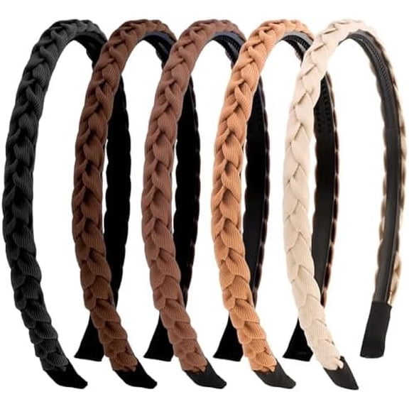 Braided Headbands for Women&Girls 5 count, Thin Headbands Non-slip, Braid Headband with , Comfortable Brown Hairband, Flexible Hairbands with Fabric, Skinny Boho Band, Neutral Color Set