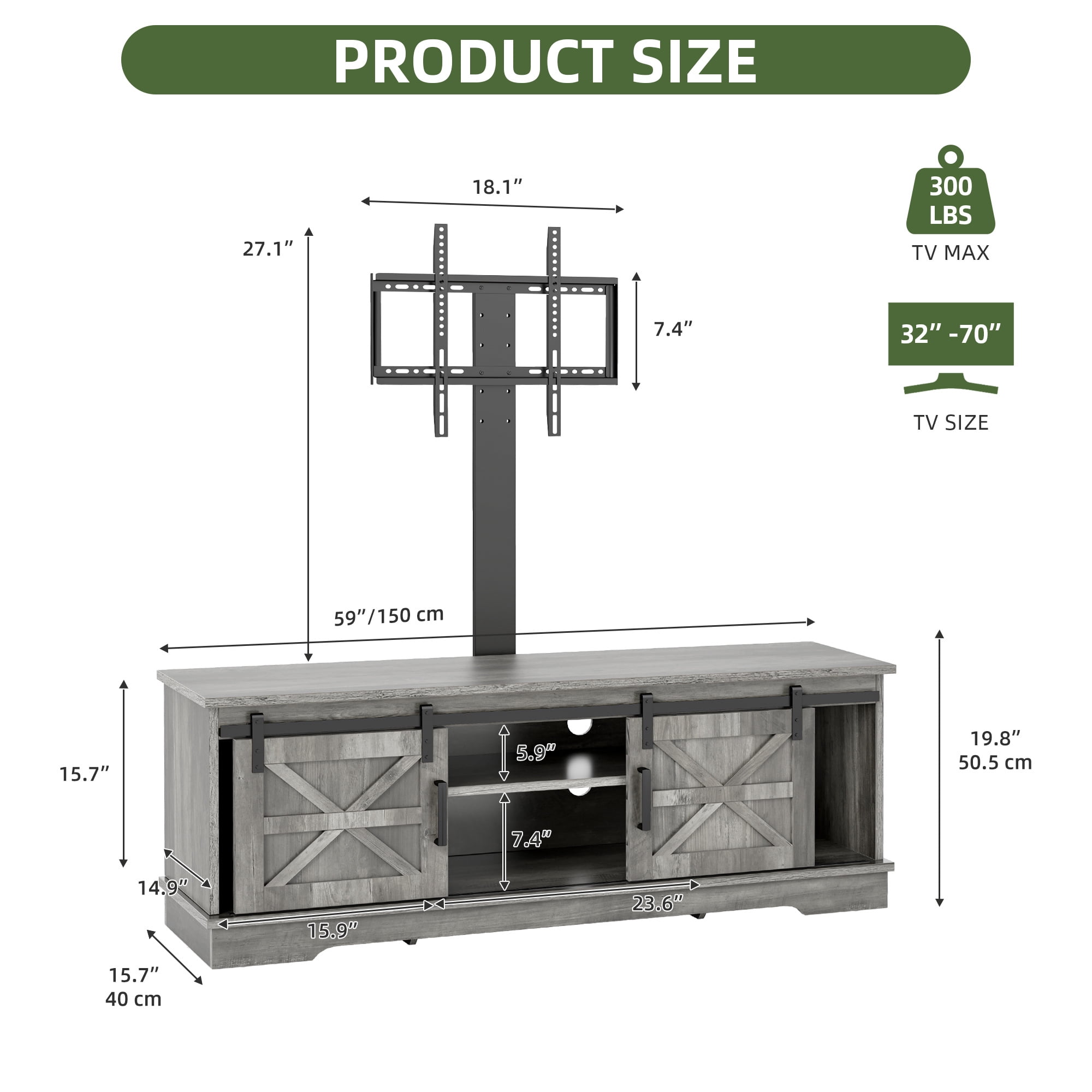Uforic Farmhouse TV Stand with Mount for 32-70" TVs, Media Console Cabinet with Barn Doors, Gray