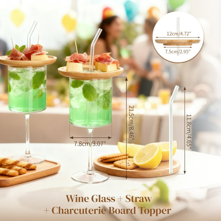 Nuptio Wine Glasses with Charcuterie Toppers -1pc Wine Glasses Set with Straw and 1 Hole Bamboo Appetizer Plates for Bars Party Housewarming Gift