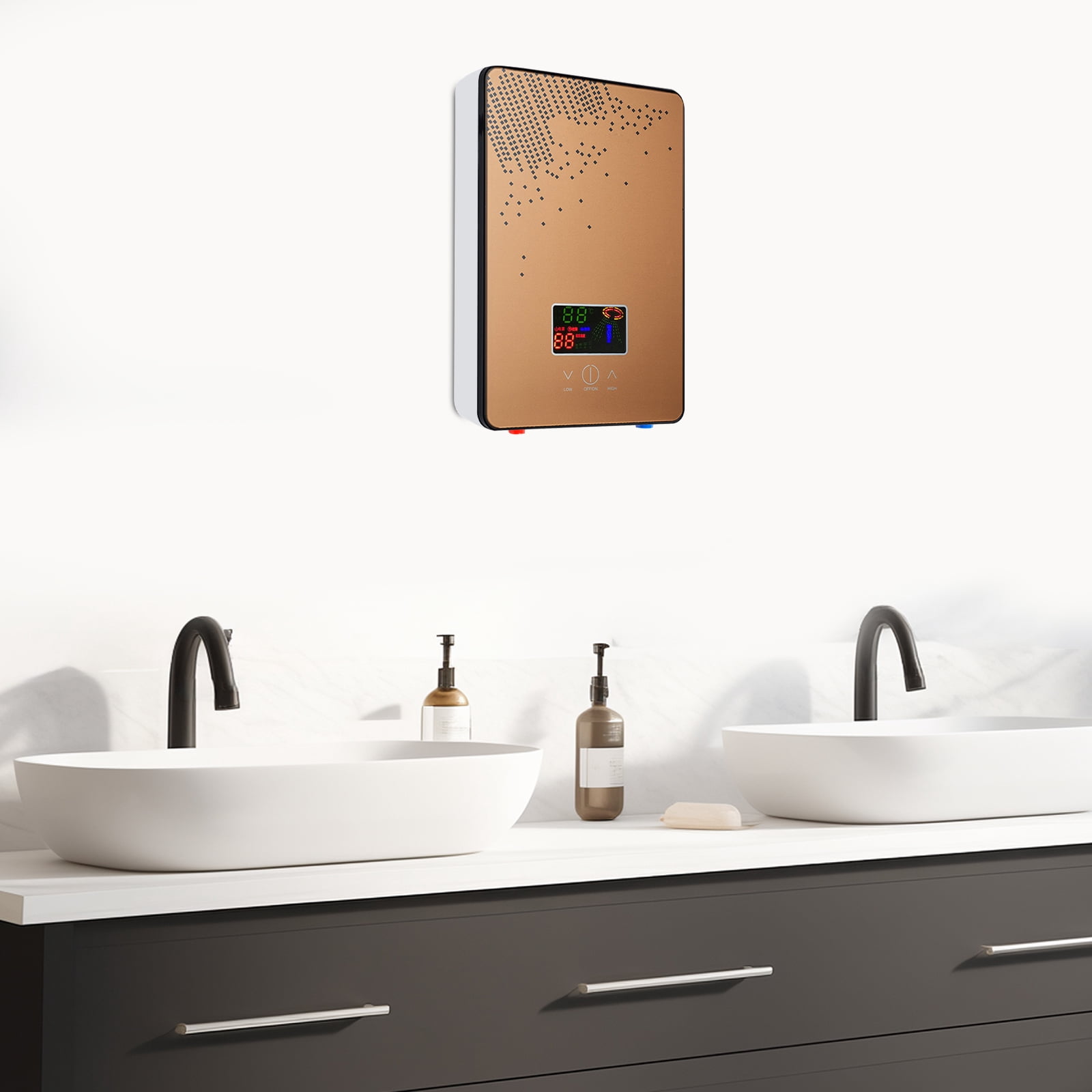 Electric Tankless Water Heater 4500w Residential Instant Mini Water Heater Electric Instant Hot Water Heater Color Screen Host with Shower Adjustable Golden for Kitchens Bathrooms Restaurants
